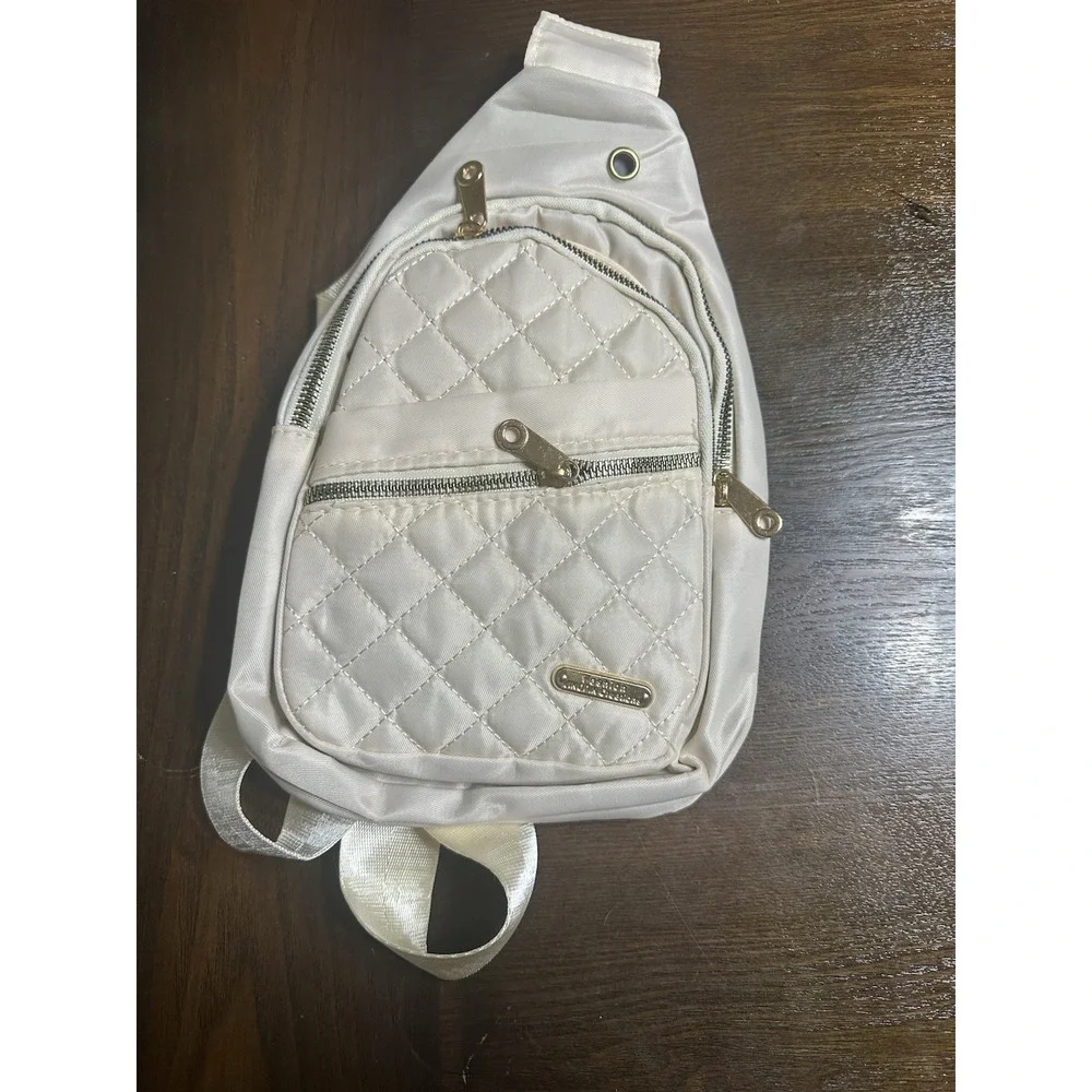 Ivory Quilted Sling Bag Zip Closure Adjustable Strap Women Casual Gold Hardware